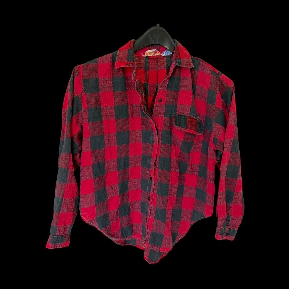Sam & Max Womens Red Black Buffalo Plaid Cotton Button Down Shirt Two Way Wear L
